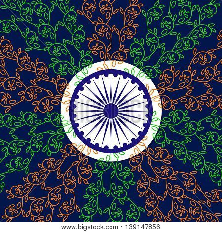 India National holiday. Republic Independence day celebration concept. Colors of Indian tricolor flag with navy blue Ashoka Chakra. Unique symbols. Patriotic event background. Vector illustration