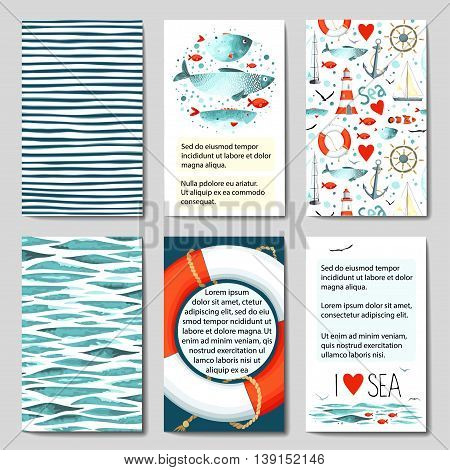 Set of 6 lovely cards templates with sea background. 3 jf thrm with place for text. Vector illustration.