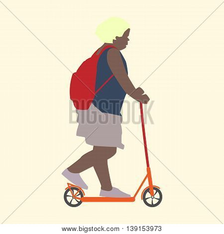 Girl with a red backpack on an orange scooter rides in summer flat style