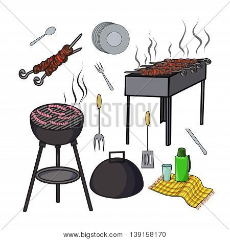 A set of isolated objects for outdoor recreation Grill and barbecue Shish kebab skewers thermos and flasks