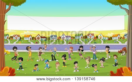 Banner over cartoon people in suburb neighborhood. Green park landscape with grass, trees, and houses.
