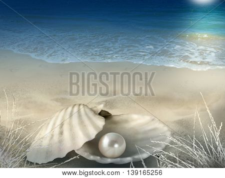 Abstract illustration-photo composite background with shell pearl beach footprints seawater and moonlight