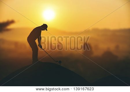 Silhouette Of Golfers Hit Sweeping And Keep Golf Course In The Summer For Relax Time.vintage Color