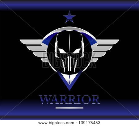 skull in the winged metallic shield combine with the blue star icon at the top, isolated on black blue background..