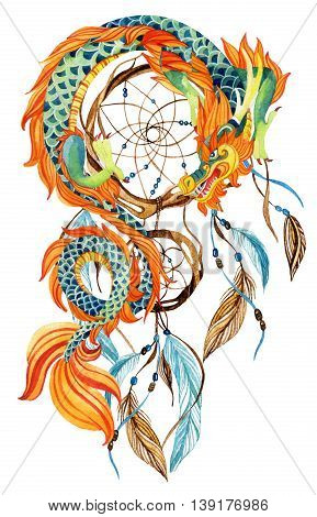 Chinese Dragon and dreamcatcher card. Watercolor ethnic dreamcatcher. Traditional symbol of dragon. Watercolor hand painted illustration.