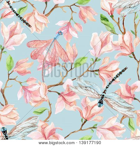 Watercolor magnolia branches and dragonfly. Spring background. Hand painted illustration