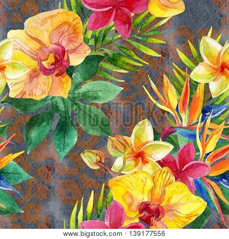 Tropical watercolor flowers leaves on animal print. Colorful exotic flowers on animal skin texture. Tropic seamless pattern on pelt background. Hand painted watercolor illustration for summer design