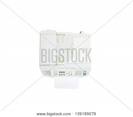 Closeup old white photocopier in the office with white paper office supplies concept isolated on white background in top view