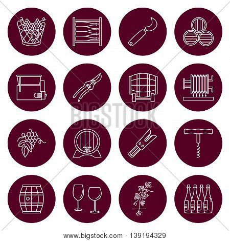 Set of winemaking and wine tasting icons in modern thin line style isolated on red background. High quality outline symbol collection. Simple mono linear pictogram pack. Stroke vector logo concept
