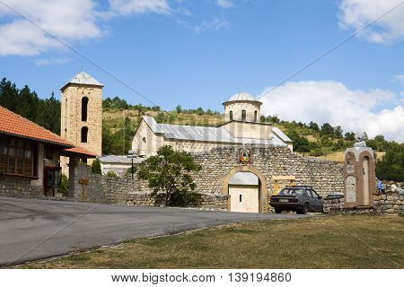 SOPOCANI SERBIA - AUGUST 27 2012: The orthodox Sopocani monastery in Serbia general view. The monastery is a designated World Heritage Site. The church of monastery was dedicated to the Holy Trinity and completed around 1265.