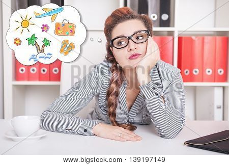 Bored Business Woman Dreaming About Holiday. Overwork Concept