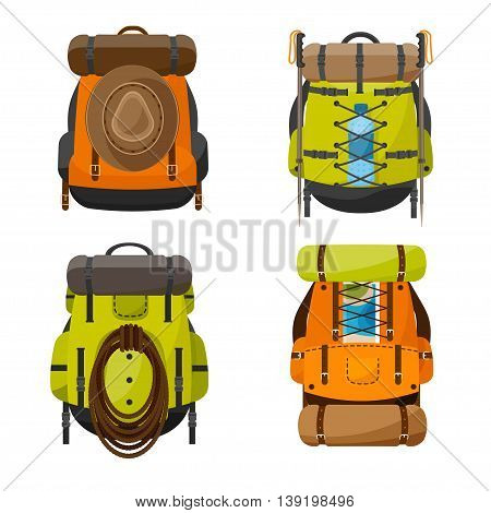 Backpack in a flat stzle. Vector illustration. School bag.Travel, camping or hiking. Tourism. Luggage