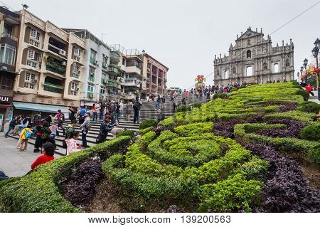 Senado, Macau - February 3, 2015: Ruins of St. Paul's are the ruins of a 16th-century complex in Macau including what was originally St. Paul
