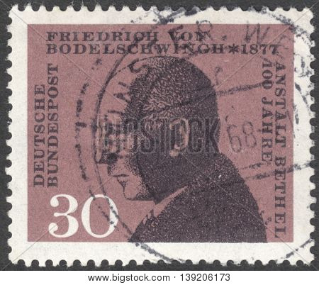 MOSCOW RUSSIA - CIRCA JANUARY 2016: a stamp printed in GERMANY shows a portrait of Friedrich von Bodelschwingh circa 1967