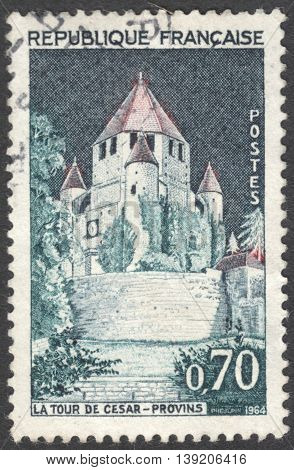 MOSCOW RUSSIA - CIRCA JANUARY 2016: a post stamp printed in FRANCE shows a view of the Caesar Tower in Provins town of medieval fairs in Seine-et-Marne the series 