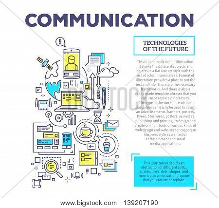 Vector creative concept illustration of interaction of phone, planet, laptop, clouds, time, bubbles with header and text on white background. Communication technology composition template. Hand draw flat thin line art style design for global computer netw
