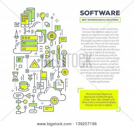 Vector creative concept illustration of interaction of server, phone, cloud, scheme, graph with header and text on white background. Software technology composition template. Hand draw flat thin line art style design for software and application developme