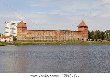 View of the Gediminas Castle from the lake. Lida. Belarus.