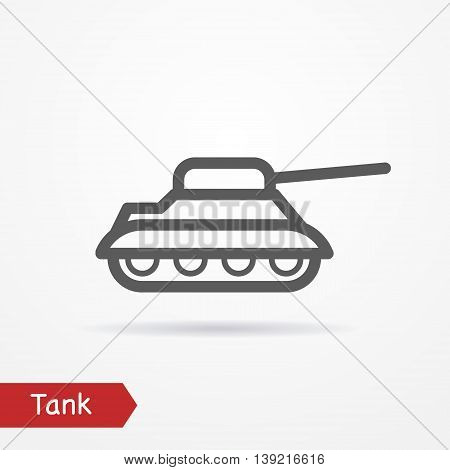 Abstract simplistic tank icon in silhouette line style with shadow. Army vector stock image.