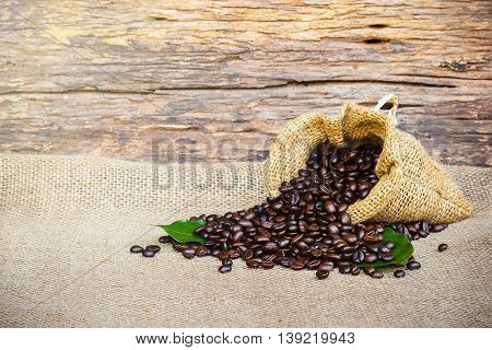 coffee bean in sack bag on burlap background