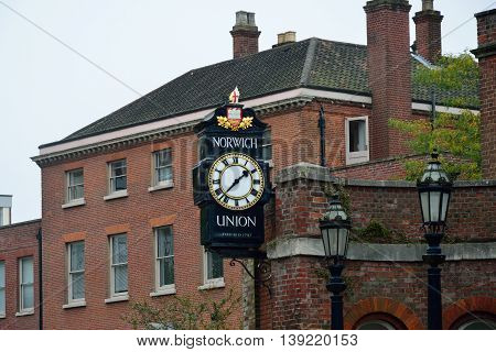 NORWICH NORFOLK UK October 2 2014: Norwich Union Clock