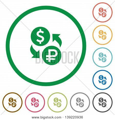 Set of Dollar to Ruble exchange color round outlined flat icons on white background