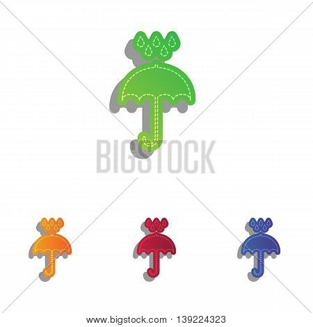 Umbrella with water drops. Rain protection symbol. Flat design style. Colorfull applique icons set.