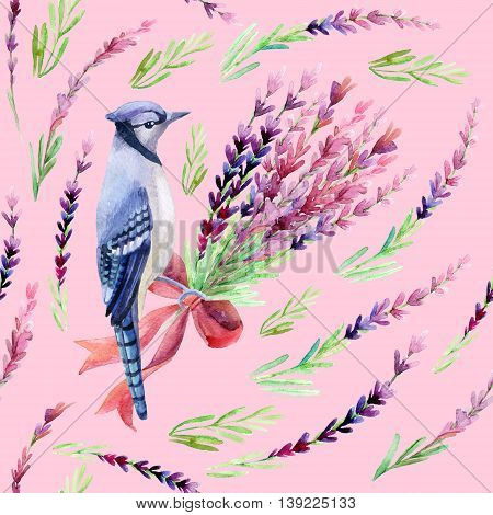 Blue jay with lavender seamless pattern on a pink background. Hand painted watercolor illustration.