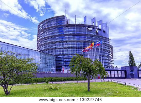 STRASBOURG, FRANCE - JUNE 19, 2016: European Parliament, Louise Weiss building, 1999 in Wacken district of Strasbourg and Ill river
