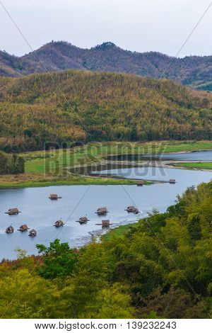 bamboo raft hut in Huay Krating Reservoir., Loie Province, Thailand.
