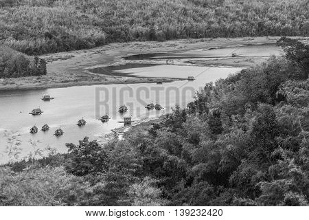 bamboo raft hut in Huay Krating Reservoir., Loie Province, Thailand.