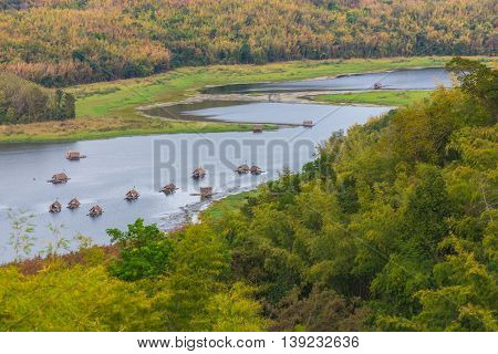 bamboo raft hut in Huay Krating Reservoir., Loie Province, Thailand.