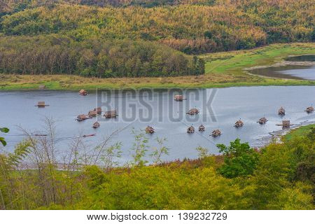 bamboo raft hut in Huay Krating Reservoir., Loie Province, Thailand.