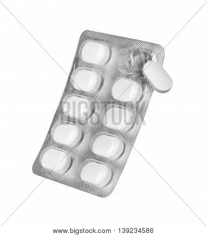 blister packs pills with a drop down pill on white background