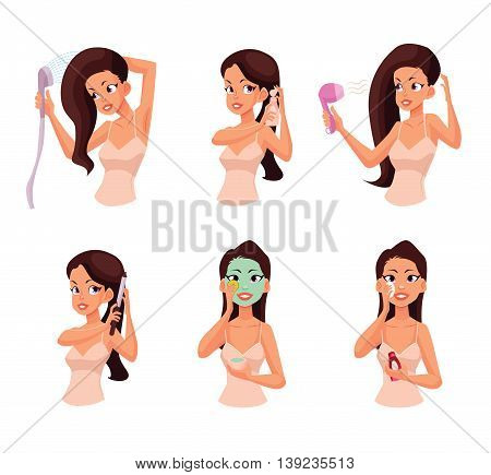 Colorful cartoon style illustration of pretty woman doing beauty procedures. Isolated on white background. Face and hair beauty treatments. Routine cosmetic procedures