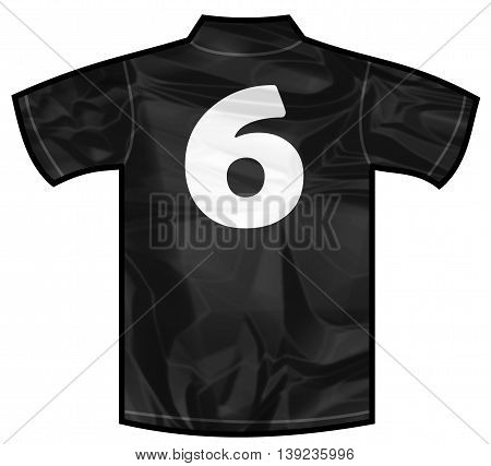 Number 6 six Black sport shirt as a soccer, hockey, basket, rugby, baseball, volley or football team t-shirt. For the goalkeeper or the referee or New Zeland team