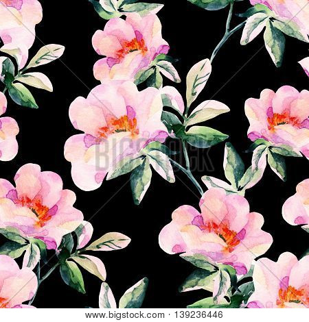 Watercolor briar flowers seamless pattern. Dog Rose branches on black background. Hand painted illustration