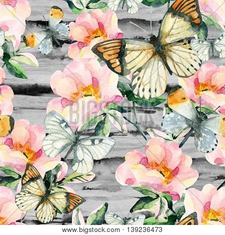 Watercolor briar flowers and butterfly seamless pattern. Dog Rose branches on striped monochrome background. Hand painted illustration vintage inspired with paper texture