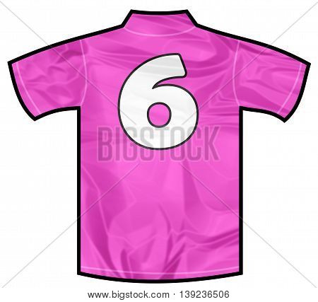 Number 6 six pink sport shirt as a soccer, hockey, basket, rugby, baseball, volley or football team t-shirt. For the goalkeeper or woman player