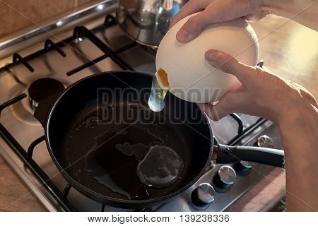 Cooking process of frying huge ostrich egg on frying pan side view