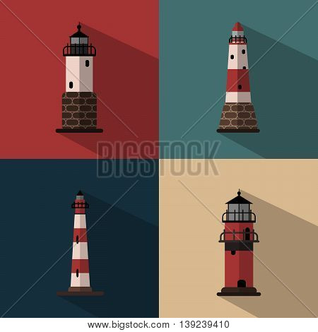 Several types of lighthouses on colored backgrounds