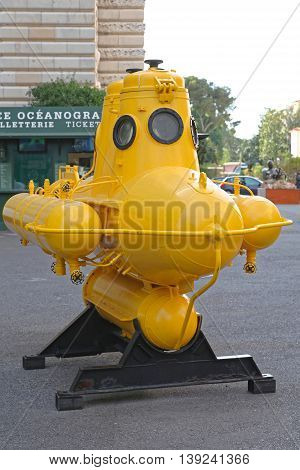 MONACO CITY MONACO - JANUARY 18: Yellow Submarine in Monaco on JANUARY 18 2012. Anorep Watercraft of Explorer Jacques Cousteau at Oceanographic Museum in Monaco City Monaco.
