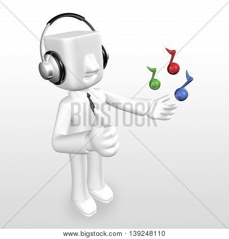 3D Business Man Listening By Big Headphone With Colorful Note