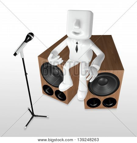 3D Business Man Playing The Guitar On The Woofer With Mike