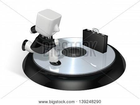 3D Business Man Running On The Silver Cd Case