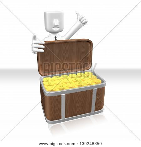 3D Business Man Showing Gold Coins In The Wooden Box