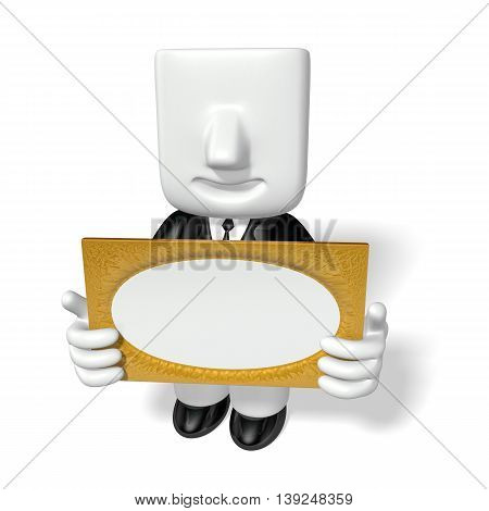 3D Business Man Showing The Gold Frame
