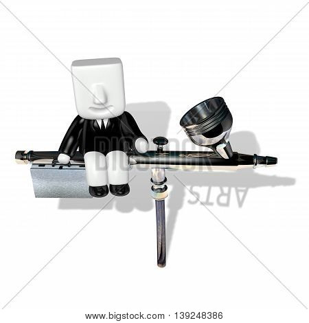 3D Business Man Sitting On The Airbrush With Attach Case