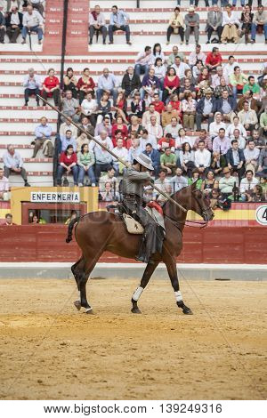 Jaen SPAIN - October 13 2008: Alvaro Montes bullfighter on horseback spanish witch garrocha (blunt lance used on ranches) Jaen Spain