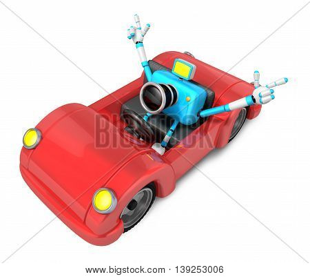 Driving A Red Convertible Car In Sky Blue Camera Character. Create 3D Camera Robot Series.